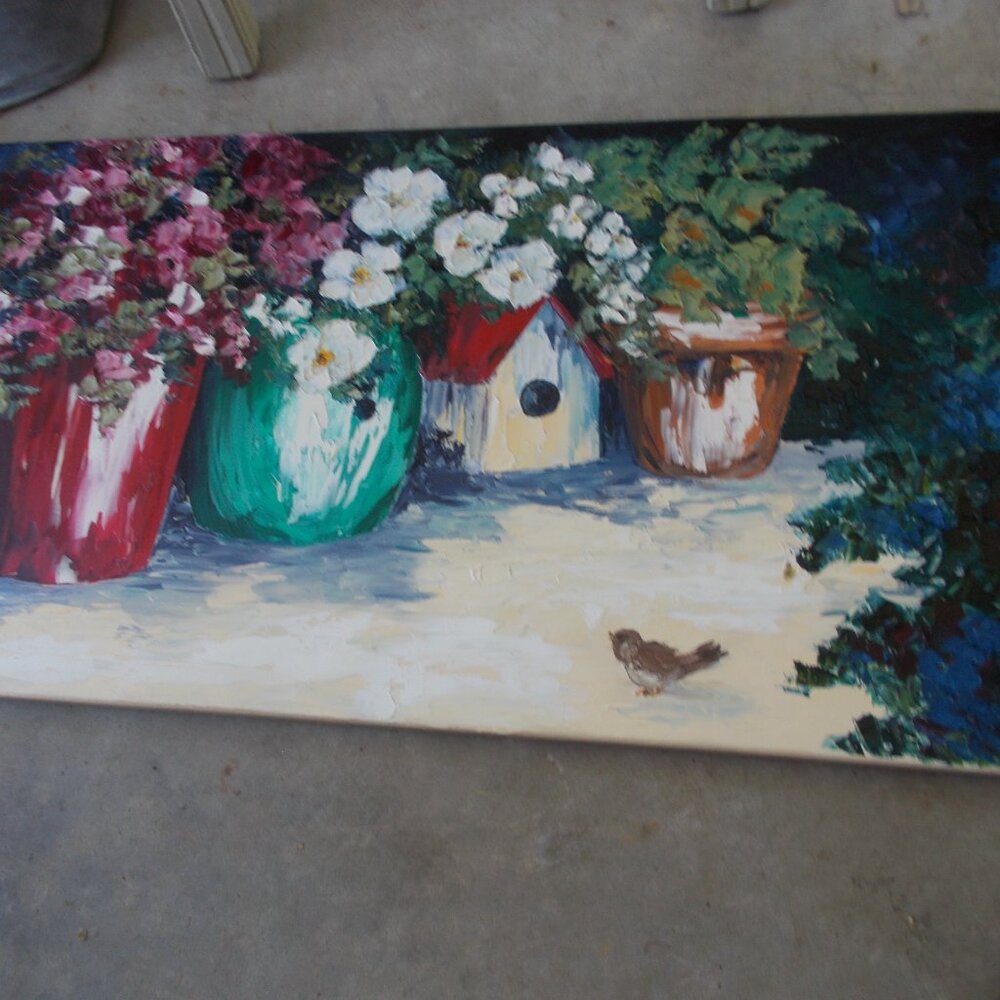 Vintage Pots and Birdhouses with Bird" 36"x18"x1" oil painting - Picture 5 of 5